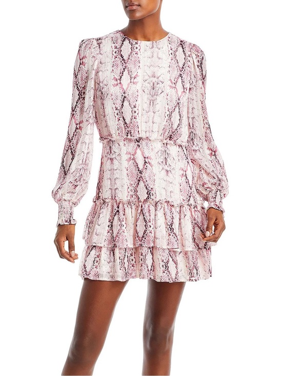 Aqua Dresses & Skirts - AQUA Metallic Stripe Snake Print Ruffle Mini Dress Pink Size M NWT